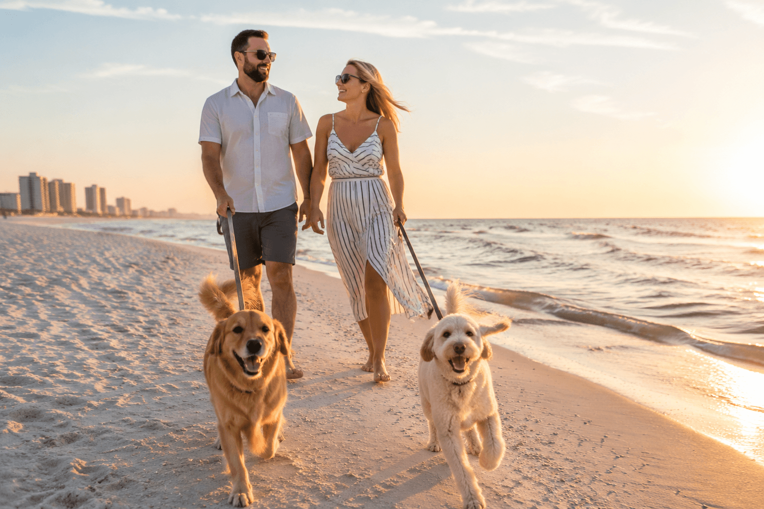 Founders walking dogs on the Gulf Coast