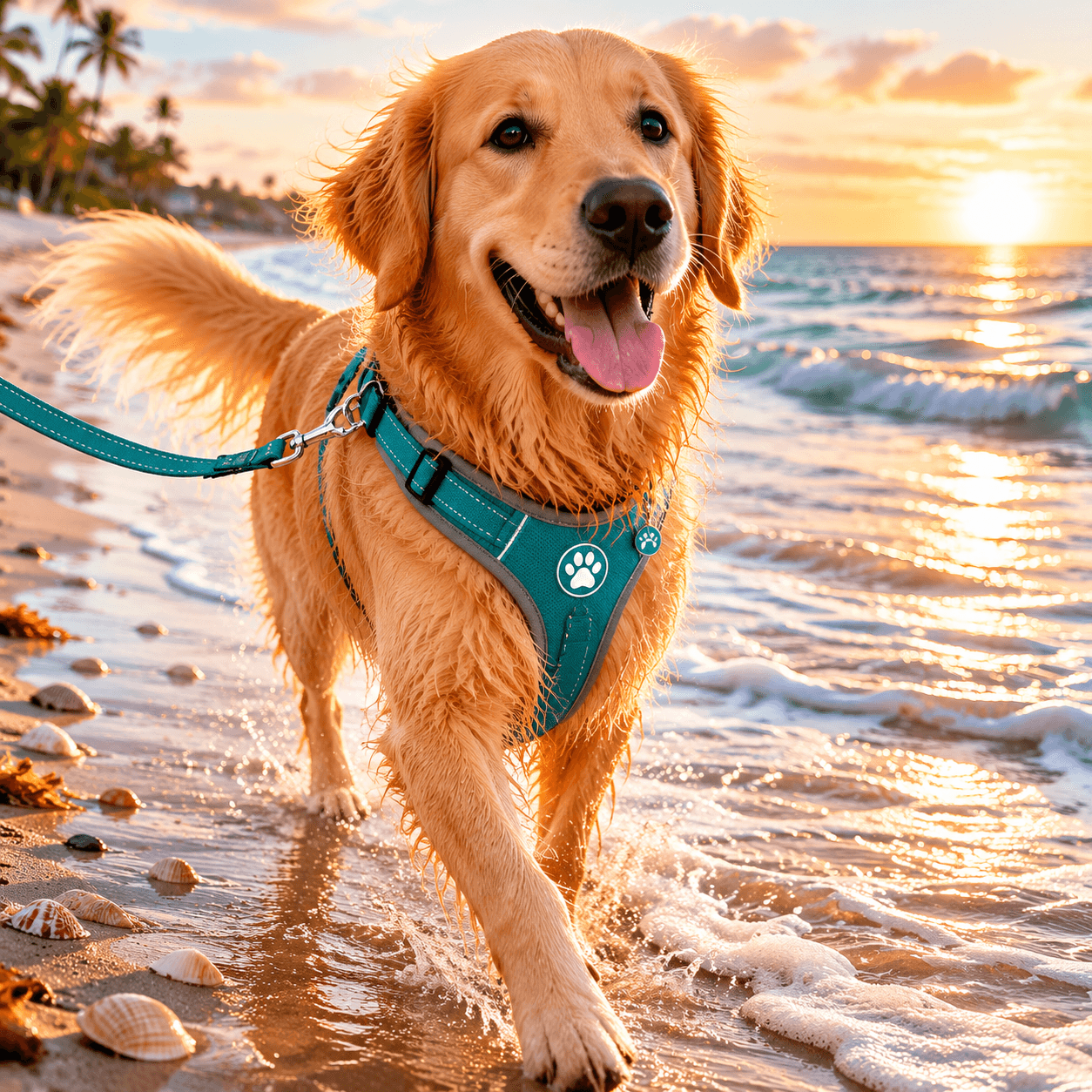 Dog wearing a Suncoastpet harness on the beach