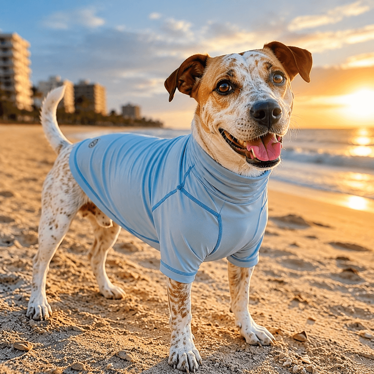 UV-Protect Pet Sun Shirt in use on the beach